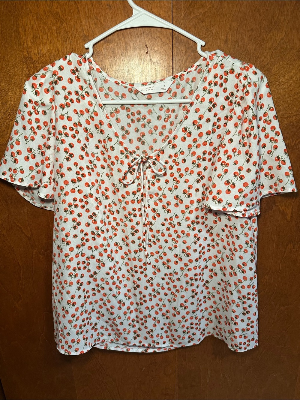 LC Lauren Conrad White Blouse with Red Cherry Print and Tie Neck